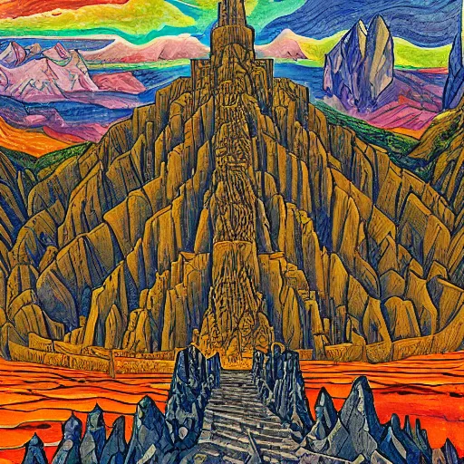 Prompt: At the top of a carved stairway of ten thousand rough hewn steps looms the ominous double mountain known only as the Iron Crag, home to the dieselpunk Dwarven megacity of Marhtlaz, by Matt Heuston and by Mike Ploog, magical fauvism, extremely detailed