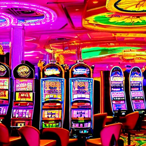 Prompt: inside a casino, fruit machines, chandeliers, lights and colors psychedelic