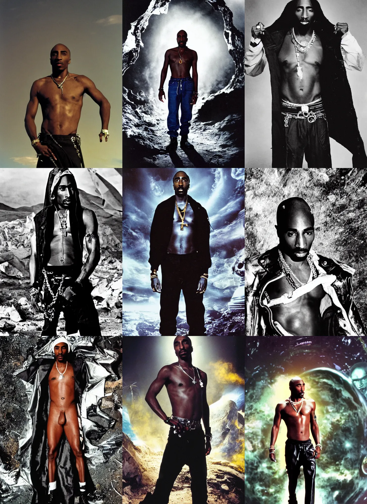 Prompt: an 8 k futuristic official photograph of tupac shakur posing shirtless inside of an alien planet wearing a huge torn up black coat and y 2 k black pants