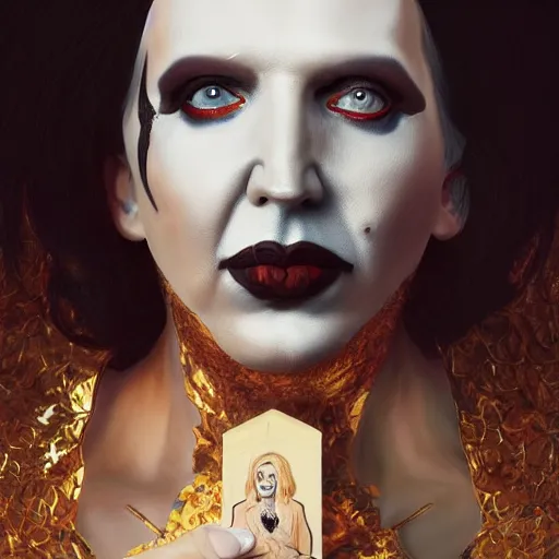 Image similar to clear portrait of marilyn manson holding a coffin, golden hour background, cottagecore!!, hyper detailed, character concept, full body, dynamic pose, intricate, elegant, highly detailed, digital painting, artstation, concept art, smooth, sharp focus, illustration, art by artgerm and greg rutkowski and alphonse mucha