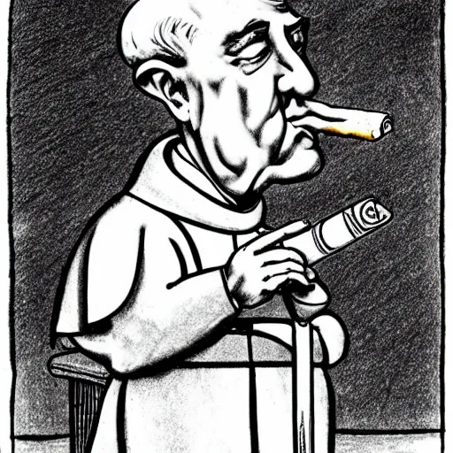 Prompt: a caricature of the pope smoking a cigar, drawing, caricature