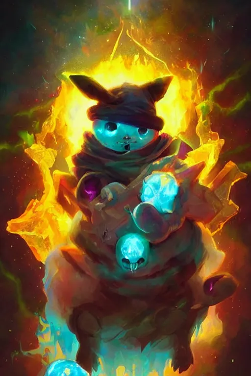 Image similar to the look of pikachu, necromancer witch - doctor covered with ice exploding into fire, electricity highly detailed, high contrast, light reflection, trippy, nebula, trending on artstation by artgem, by peter mohrbacher, by wlop, by ruan jia