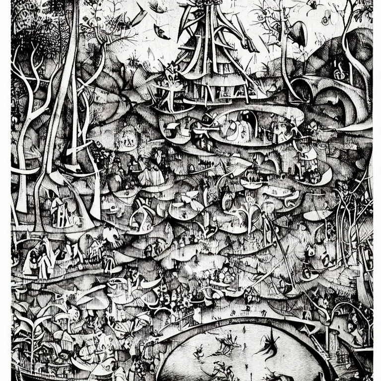 Prompt: hieronymus bosch garden on eden sketchbook ink drawing by james jean highly detailed high contrast