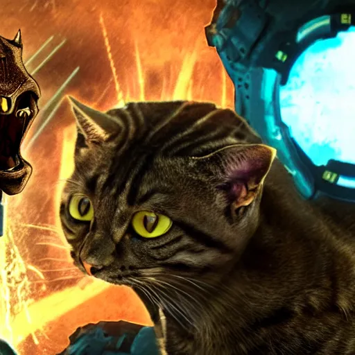 Image similar to epic shot of cat doomslayer with cat head, cinematic