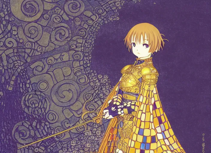 Prompt: female knight, medieval castle background, Kyoto animation,last exile, blue submarine no. 6, gustav klimt,loish, murata range, kawaii, yoshitaka amano, studio lighting, manga, bright colors, beautiful,35mm lens, vibrant high contrast, mucha, gradation, jean giraud, fantasy, rule of thirds, fibonacci, intricate, makoto shinkai