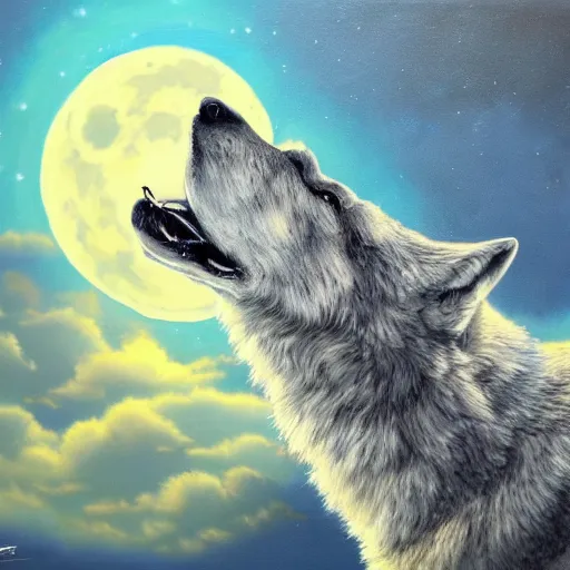 Prompt: A Hyperdetailed Award Winning Masterpiece trending on artstation of a wolf howling at the moon, oil painting