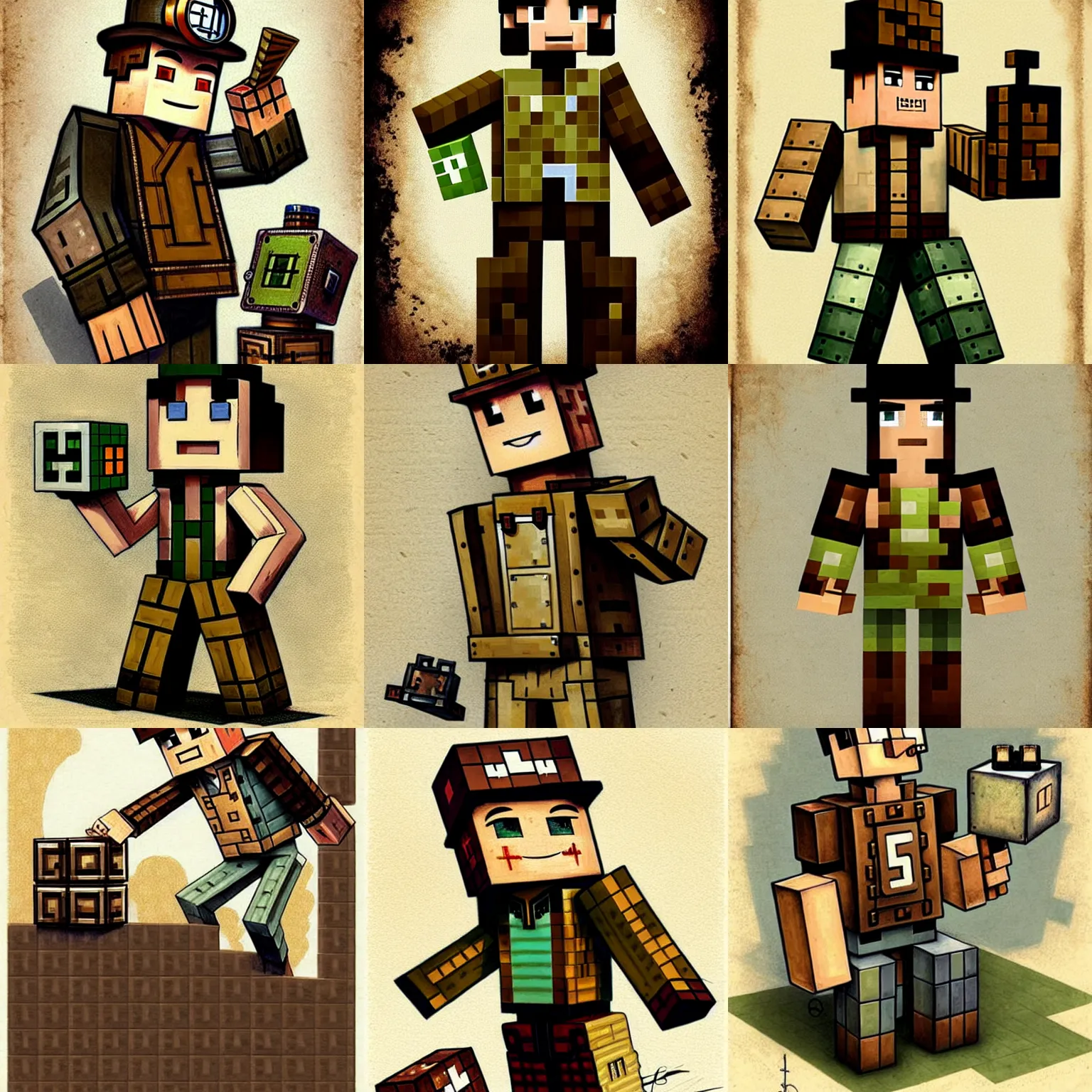 Prompt: 1950s steampunk Minecraft Steve . muted colors. by Jean-Baptiste Monge