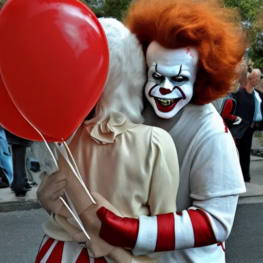 Image similar to Ronald McDonald hugging Pennywise