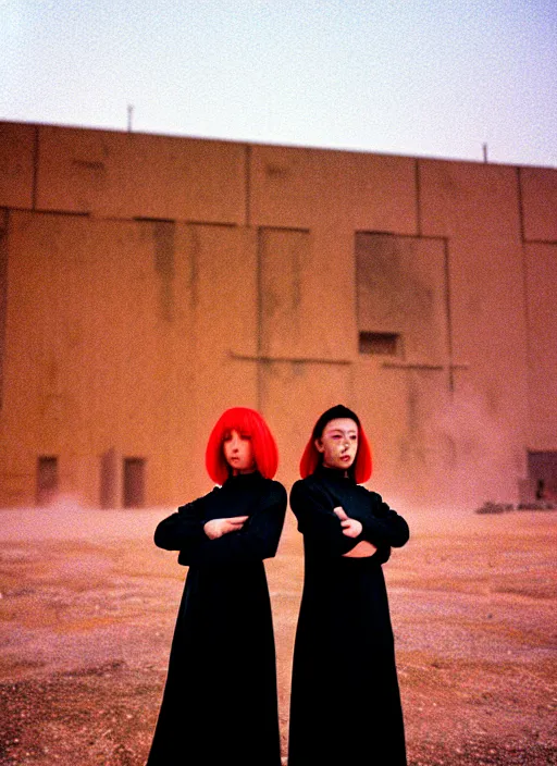 Image similar to photographic portrait shot on cinestill 5 0 d of two loving clones, techwear women on a desolate plain with a red sky, a brutalist dark metal facility in the background, dust storm, 3 5 mm, 8 k, depth of field, high resolution, ultra realistic faces