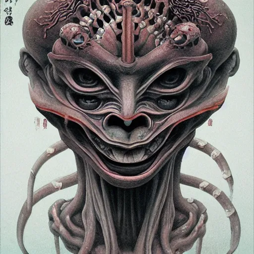 Image similar to naraka buddhist demon korean female, angry female alien, multiple eyes, tubular creature, blood vessels, no face, dystopian surrealism, alex ries zdzisław beksinski, symmetrical long head, smooth marble surfaces, smooth marble surfaces, detailed ink illustration, detailed ink illustration, raiden metal gear, cinematic smooth stone, deep aesthetic