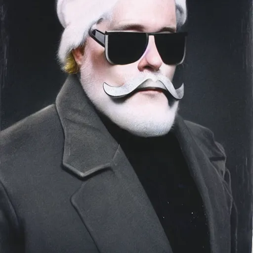 Prompt: artist and actor kevin page from robocop film. white beard and moustache. green cool hat. dark room. portrait. photorealistic. incredible. dramatic. surrealistic painting. 7 0 s photo. cool sunglasses. long white hair. dark room. crazy artist. photo awards winner