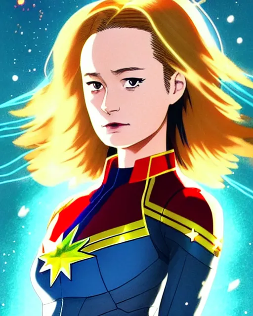 Image similar to Anime as Brie Larson playing Captain Marvel || cute-fine-face, pretty face, realistic shaded Perfect face, fine details. Anime. realistic shaded lighting poster by Ilya Kuvshinov katsuhiro otomo ghost-in-the-shell, magali villeneuve, artgerm, Jeremy Lipkin and Michael Garmash and Rob Rey as Captain Marvel in New York cute smile