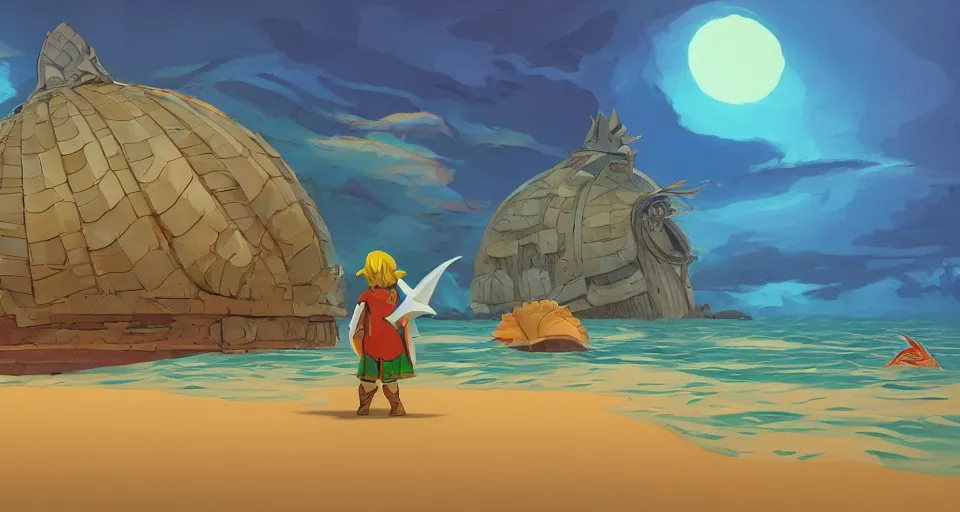 Prompt: giant seashell house in the ocean, by laika, ralph mcquarrie, in the style of zelda windwaker, triadic color scheme, cell shading, 3 d