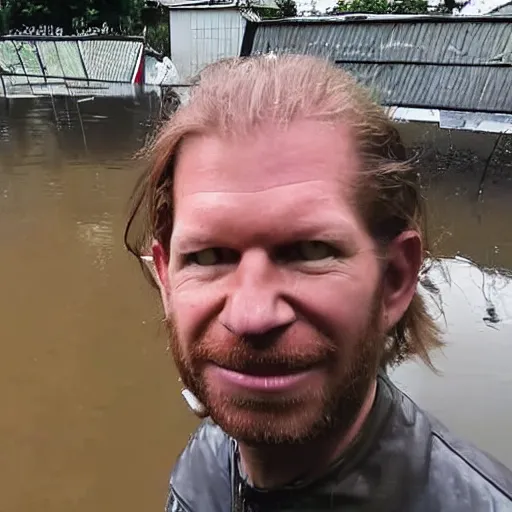 Prompt: Aphex Twin standing in front of a flooded german town