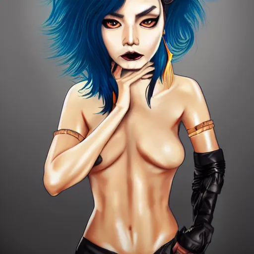 Image similar to illustrated realistic portrait of ram-horned devil woman with blue bob hairstyle and her tan colored skin and with solid black eyes wearing leather by rossdraws