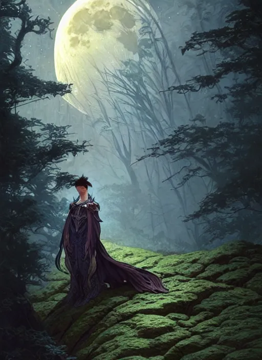 Image similar to full moon, adventurer outfit large cloak, fantasy forest landscape, dragon scales, fantasy magic, dark light night, intricate, elegant, sharp focus, illustration, highly detailed, digital painting, concept art, matte, art by WLOP and Artgerm and Greg Rutkowski and Alphonse Mucha, masterpiece
