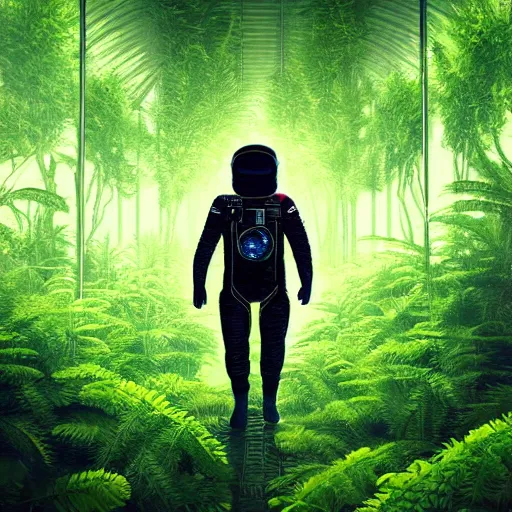 Prompt: An astronaut promethus walking in an overgrown fern forest plants environment low cinematic lighting atmospheric realistic octane render highly detailed in the style of mullins a very dark and deep forest inside of tropical rain forest very dark spooky nightime lighting , vector art , illustration