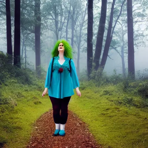 Prompt: a cottagecore witch, with strawberry hair, with teal clothes, in a foggy forest, hyper - realistic, 4 k, full body, vogue photoshoot