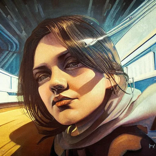 Prompt: detailed face of a woman, clockwork, moment, tectonic sky, skydome, bullet train, turbines, utopian, tech noir, wet reflections, prism, atmospheric, ambient, pj crook, syd mead, emma uber, greg rutkowski, edward hopper