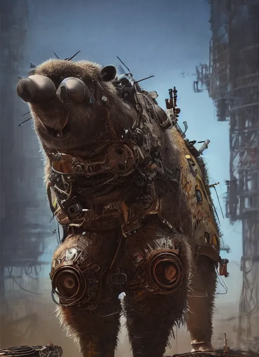 Image similar to detailed full body concept art illustration oil painting of an anthropomorphic capybara mad max in full intricate clothing, biomutant, dystopian, ultra detailed, digital art, octane render