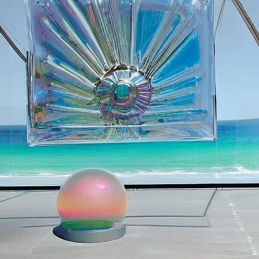 Image similar to a pastel colour high fidelity wide angle Polaroid art photo from a holiday album at a seaside with abstract inflatable parachute furniture, spheres and a sculpture, all objects made of transparent iridescent Perspex and metallic silver, a grid of sun beds iridescence, nostalgic