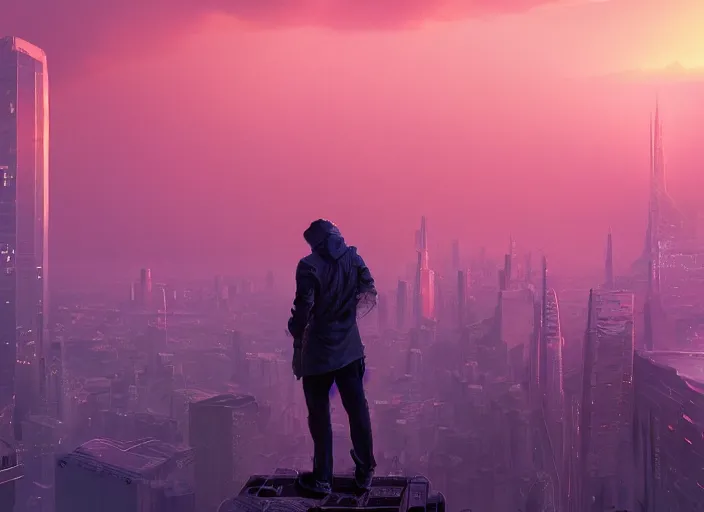 Image similar to closeup of a man [ standing on the pinnacle of a building ]!!, viewing out into a [ futuristic cityscape ]!!, dusk atmosphere, digital art illustrated by max hay and greg rutkowski, [ 8 0 s neon art style ]!!, neon wallpaper!!, golden ratio!!, centered!!