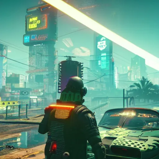 Prompt: pepe frog makes appearance in Cyberpunk 2077. CP2077. 3840 x 2160