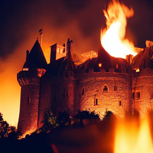 Prompt: a castle being lit up by the fire of a dragon