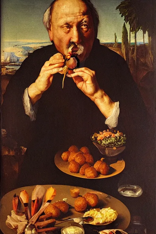 Image similar to mi grandfather eating croquettes, renaissance oil painting, dark environment