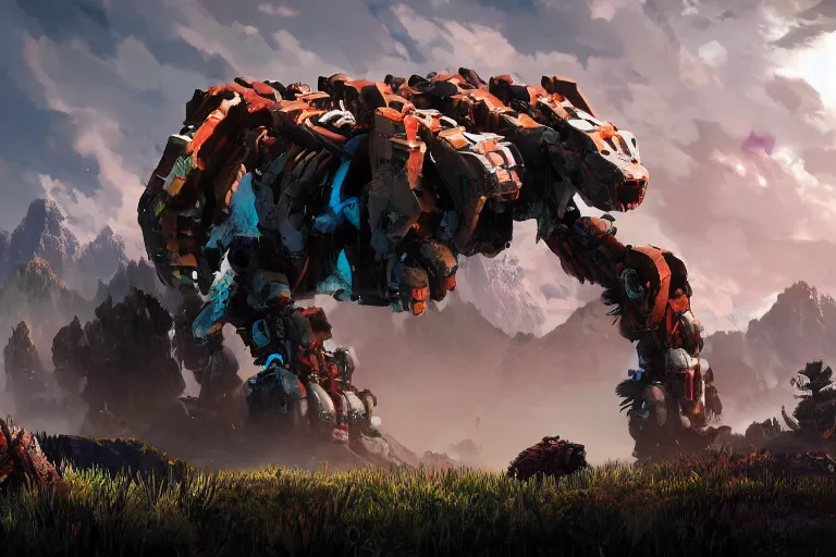 Image similar to tremortusk machine mecha animal beast robot of horizon forbidden west horizon zero dawn bioluminiscence global illumination ray tracing hdr fanart arstation by sung choi and eric pfeiffer and gabriel garza and casper konefal