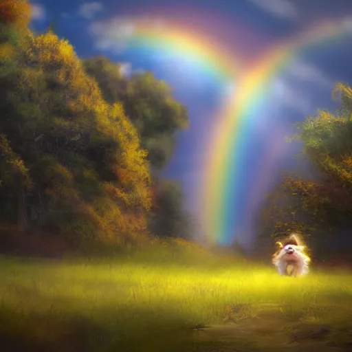 Image similar to a singular beautiful smiling dog running happily towards its owner, ethereal heavenly rainbow bridge in the background behind the dog, tall golden heavenly gates, amazing, stunning artwork, featured on artstation, cgosciety, behance