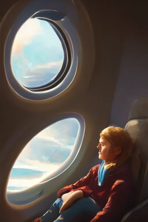 Prompt: passenger looking the end of the word at window in airplane, Jessica Rossier, manon aubry artist, trending on artstation