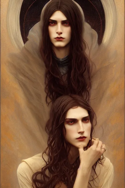 Image similar to a beautiful androgynous man, long hair, deep brown eyes, vampire, illustration, dramatic lighting, soft details, painting oil on canvas, art nouveau, octane render, HDR, 4k, 8k, HD, by Edmund Blair Leighton, Brom, Charlie Bowater, faces by otto schmidt