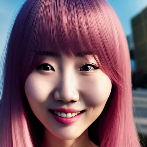 Image similar to beautiful hyperrealism selfie of nikki 苏 暖 暖 from shining nikki, a cute 3 d young woman smiling sofly, long light pink hair and full bangs, flushed face, small heart - shaped face, soft features, amber eyes, chinese heritage, golden hour, 8 k, sharp focus, instagram