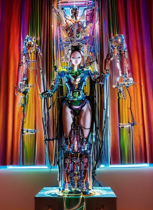 Prompt: Robotic beautiful shaman woman posing in front of an altar painted by Hajime Sorayama , robot, tarot, dramatic lighting