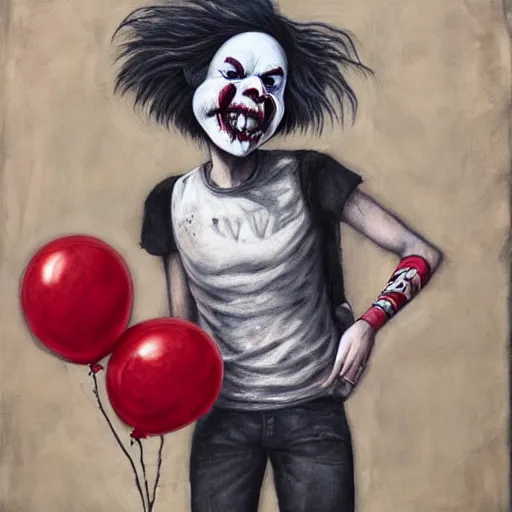 Image similar to grunge painting of david dobrik with a wide smile and a red balloon by chris leib, loony toons style, pennywise style, corpse bride style, horror theme, detailed, elegant, intricate