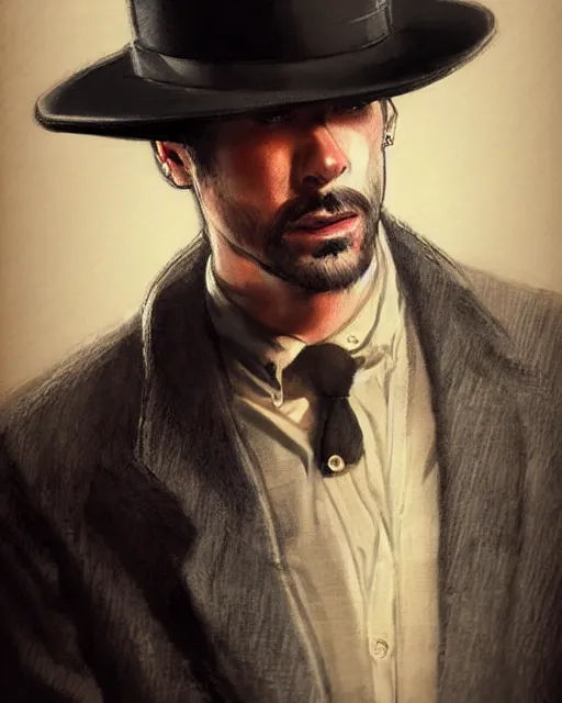 Prompt: portrait of a detective, zoomed in, noir, fedora, tweed coat, confident, handsome, heavy shading, vintage, high quality, by artgerm, artstation, ( ( ( by ilya repin ) ) )