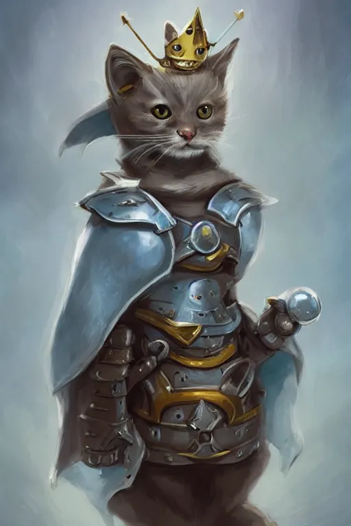 Image similar to cute little anthropomorphic cat knight wearing a cape and a crown, tiny, small, miniature cat , baby animal, short, pale blue armor, cute and adorable, pretty, beautiful, DnD character art portrait, matte fantasy painting, DeviantArt Artstation, by Jason Felix by Steve Argyle by Tyler Jacobson by Peter Mohrbacher, cinematic lighting