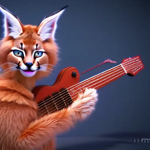 Image similar to cute fluffy caracal playing fluffy guitar, fully detailed, high quality , 4k , octane render , soft light , masterpiece