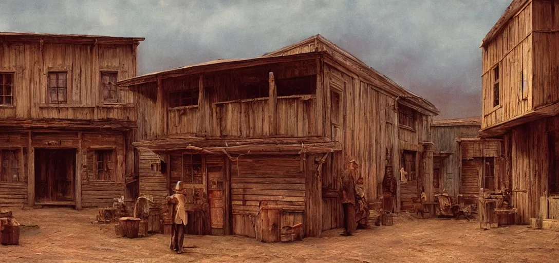 Prompt: from a movie scene, painting of a beksinski western saloon exterior in old town, gregory crewdson, cinematic wide shot