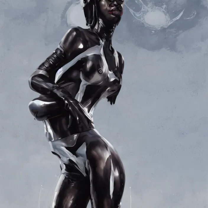 Prompt: african domme mistress, futuristic, ebony skin, rubber suit, spikes, white surroundings, smooth, concept art, realistic painting, digital art by greg rutkowski, by junji ito