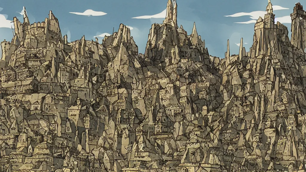 Image similar to a genndy tartakovsky illustration of minas tirith from lord of the rings