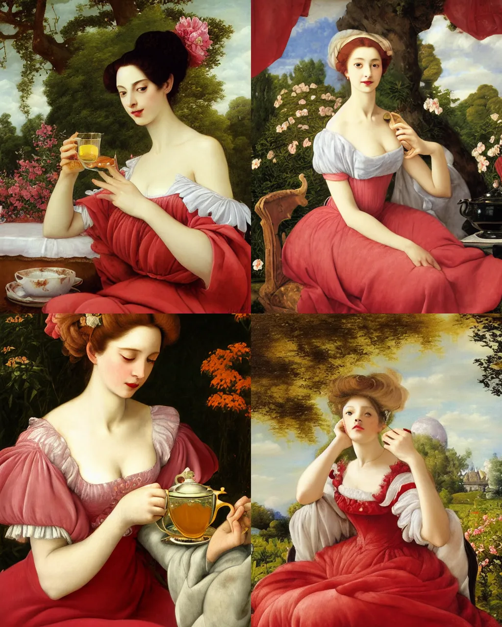 Prompt: oil painting of elegantly dressed remilia scarlet drinking tea in a dreamy garden, beautiful symmetrical face and body, rule of thirds, golden ratio, oil on canvas, highly detailed, warm color scheme art rendition, soft lighting, sharp focus, unique art rendition by adelaide labille - guiard, artemisia gentileschi in high quality anime artstyle