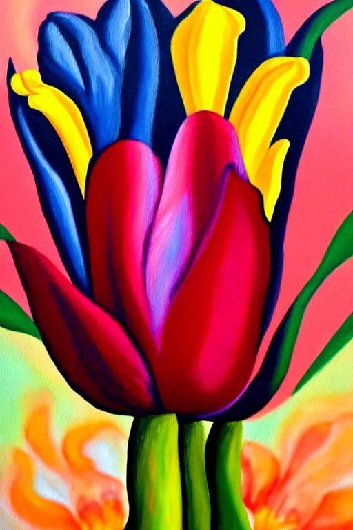 Image similar to a colorful painting of a side view of a tulip in with roots going deep into the ground in the stale of frida kahlo with the colors of mexico