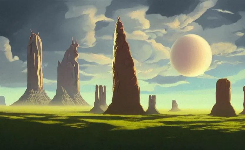 Image similar to a scary hyperrealist painting of a rocketship in a giant transparent forcefield from howl's moving castle ( 2 0 0 4 ) in a flooded monument valley stonehenge jungle. depth perception, 4 k, artstation, in the style of studio ghibli