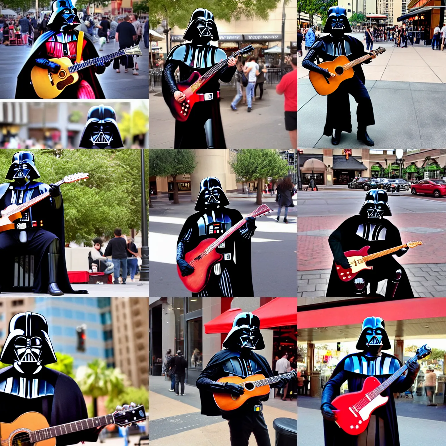 Prompt: Darth Vader as a down on his luck busker playing guitar in front of a cheesecake factory