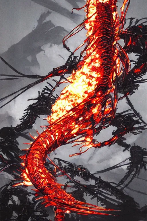 Prompt: a flaming centipede by yoji shinkawa and tsutomu nihei, detailed art, highly detailed