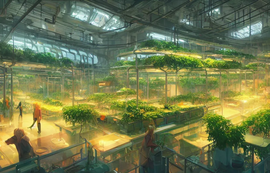 Image similar to concept art of a lush indoor hydroponics lab in a far - future utopian city, apples oranges pears fruit, key visual, ambient lighting, highly detailed, digital painting, artstation, concept art, sharp focus, by makoto shinkai and akihiko yoshida and hidari and wlop