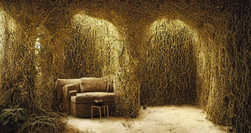 Image similar to IKEA catalogue photo, high end style car interior, sand piled in corners, dust, organic, vines, overgrown, tropical, by Beksiński