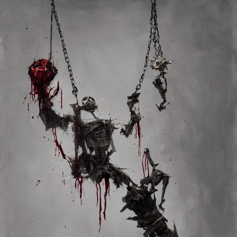 Image similar to a painting of a marionette puppet hanging limp with blood running from his eyes, by greg rutkowski, horror themed, stark light and shadows, grayscale